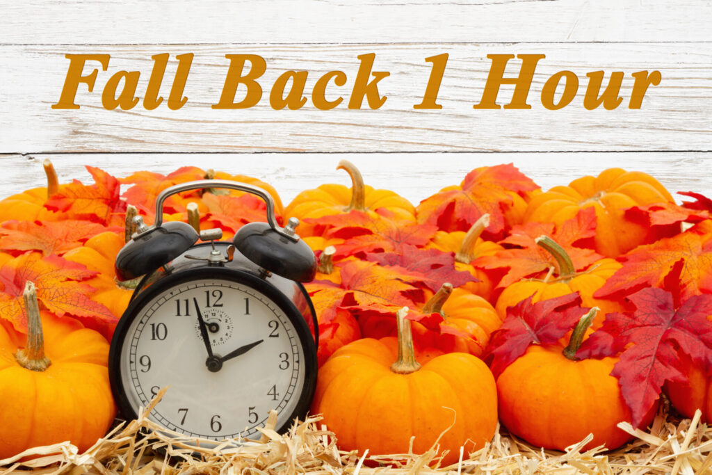 Fall Back 1 hour time change message with a retro alarm clock with orange pumpkins with fall leaves on straw hay with weathered whitewash wood